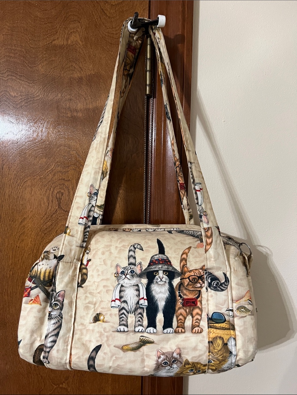 Cat Print Cream Quilted Shoulder Bag